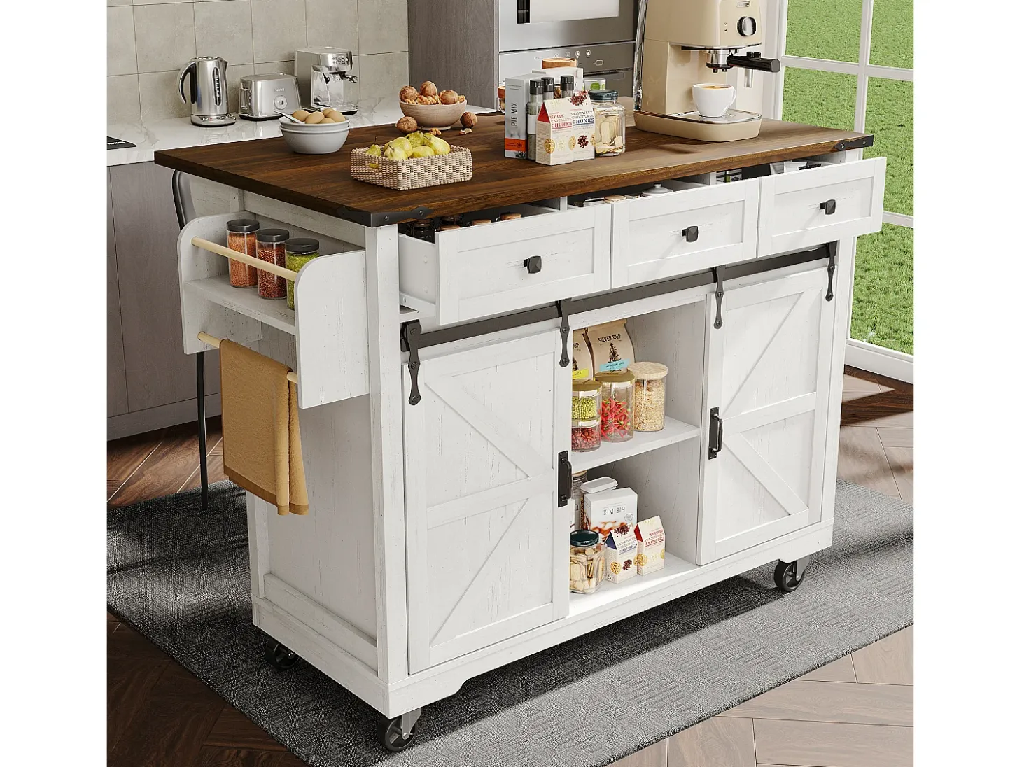 Isla de cocina con 2 puertas correderas y 3 cajones - Blanca y marrón