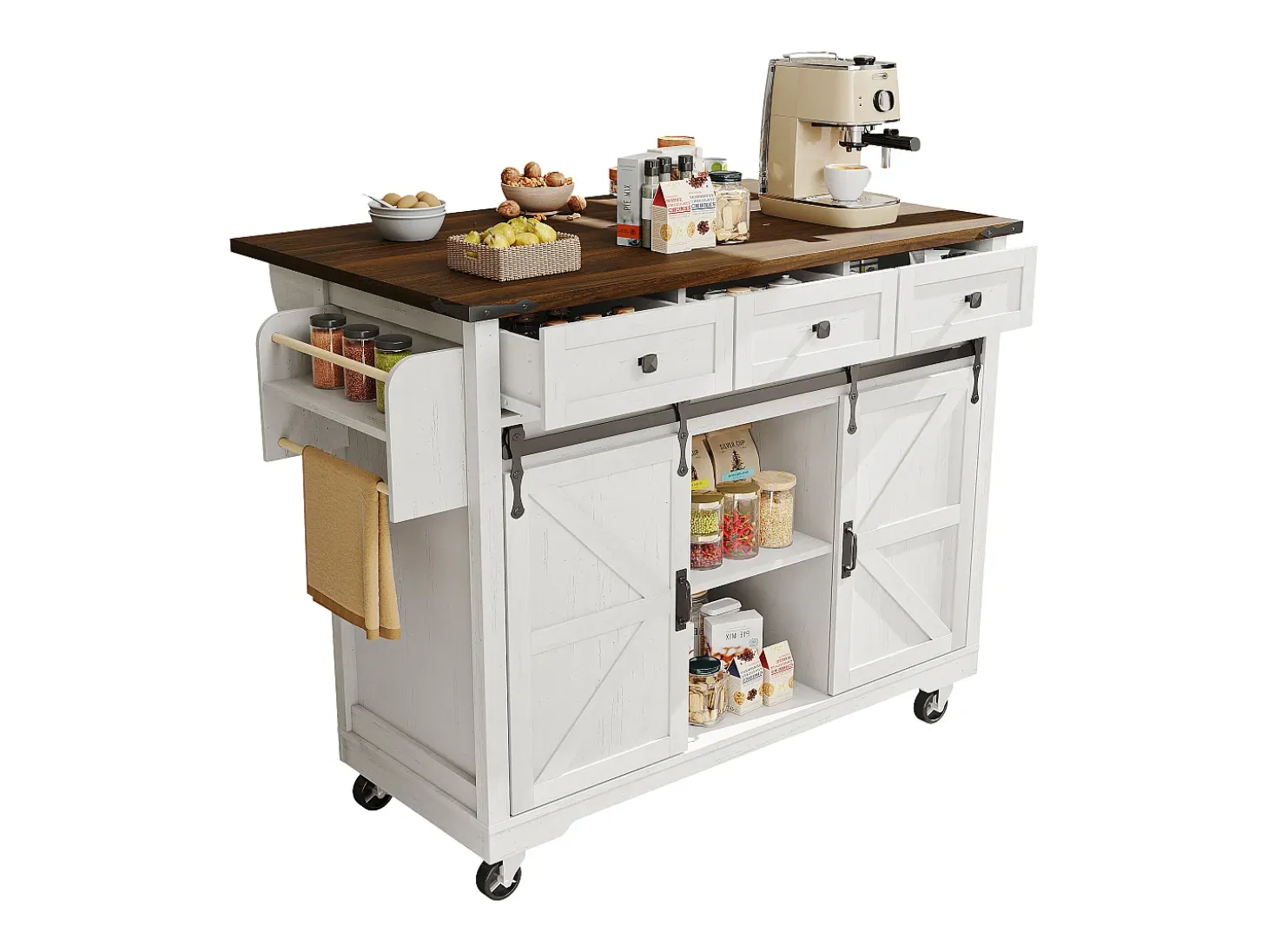 Isla de cocina con 2 puertas correderas y 3 cajones - Blanca y marrón