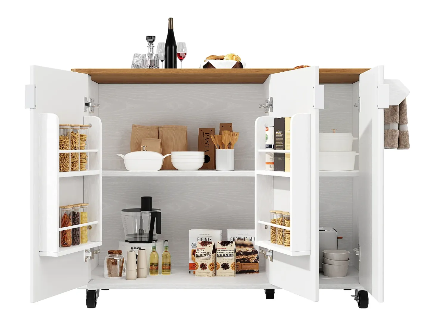 Isla de cocina con 3 puertas - Carrito de servicio de madera MDF - Blanco y natural claro
