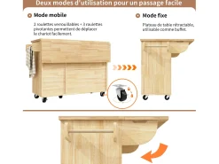 Isla de cocina con 2 puertas y 3 cajones, encimera extensible, diseño de tablero de ajedrez, color natural