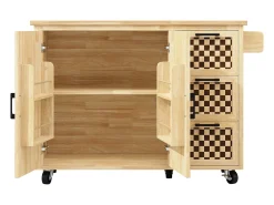 Isla de cocina con 2 puertas y 3 cajones, encimera extensible, diseño de tablero de ajedrez, color natural