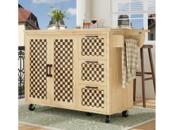 Isla de cocina con 2 puertas y 3 cajones, encimera extensible, diseño de tablero de ajedrez, color natural