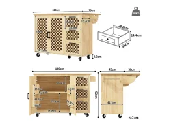 Isla de cocina con 2 puertas y 3 cajones, encimera extensible, diseño de tablero de ajedrez, color natural