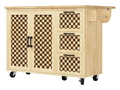 Isla de cocina con 2 puertas y 3 cajones, encimera extensible, diseño de tablero de ajedrez, color natural
