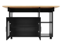 Isla de cocina con 2 puertas de cristal y ruedas - Chapa de madera veteada - Negro