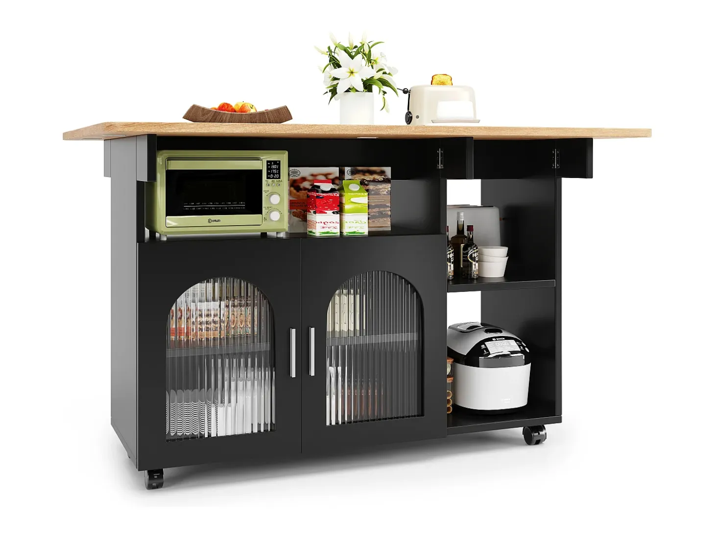 Isla de cocina con 2 puertas de cristal y ruedas - Chapa de madera veteada - Negro