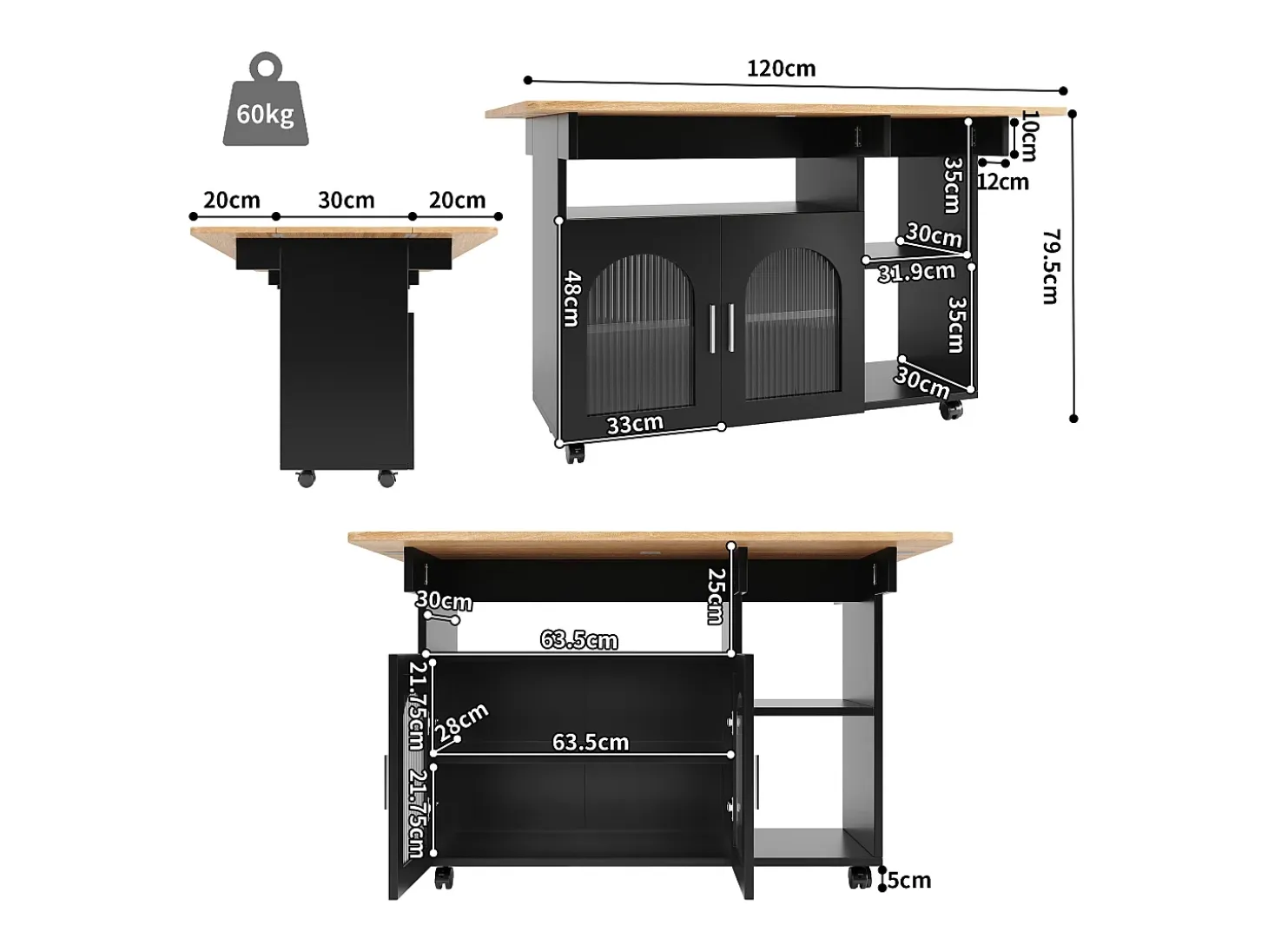 Isla de cocina con 2 puertas de cristal y ruedas - Chapa de madera veteada - Negro