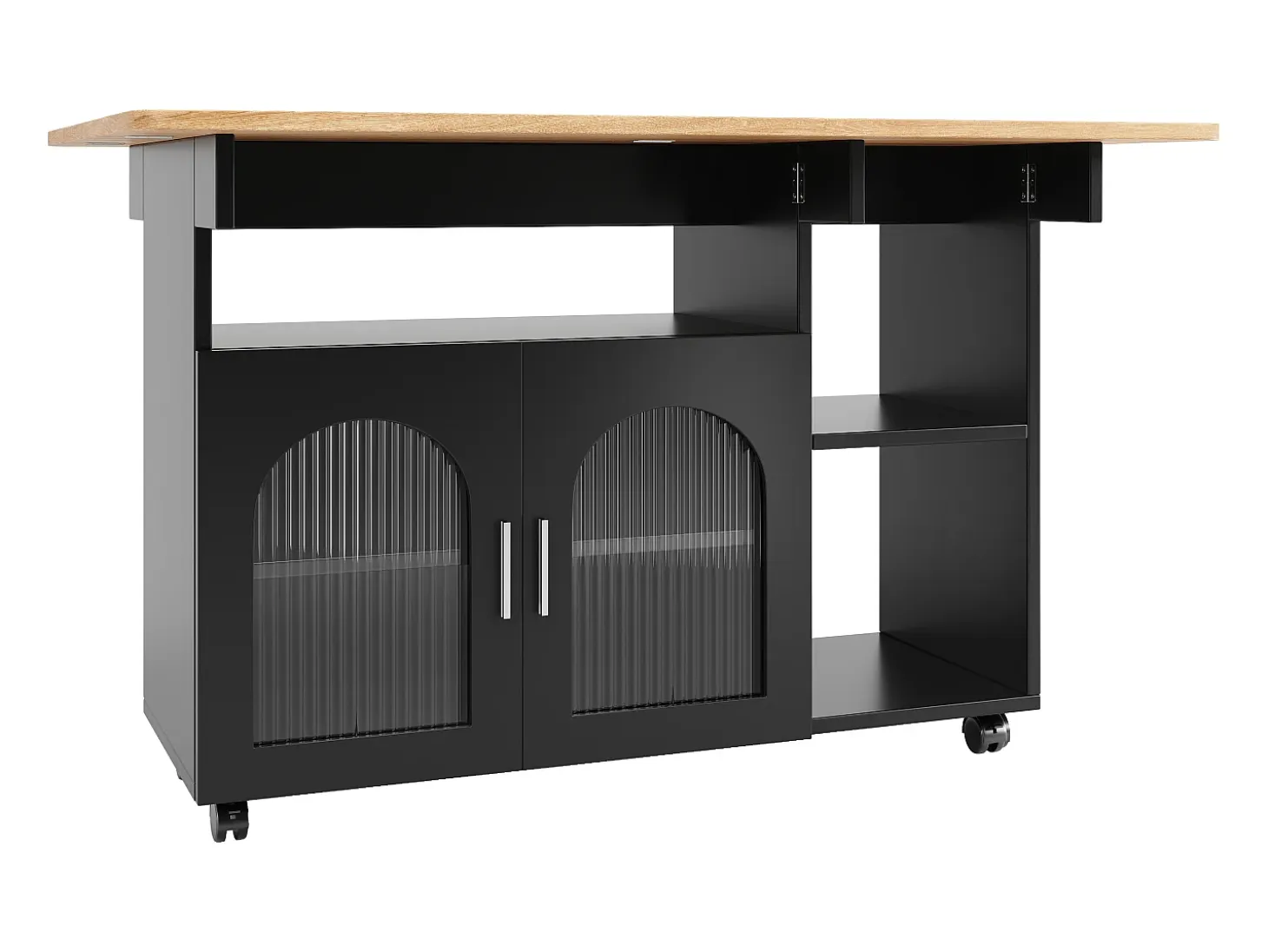 Isla de cocina con 2 puertas de cristal y ruedas - Chapa de madera veteada - Negro