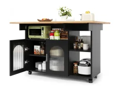 Isla de cocina con 2 puertas de cristal y ruedas - Chapa de madera veteada - Negro