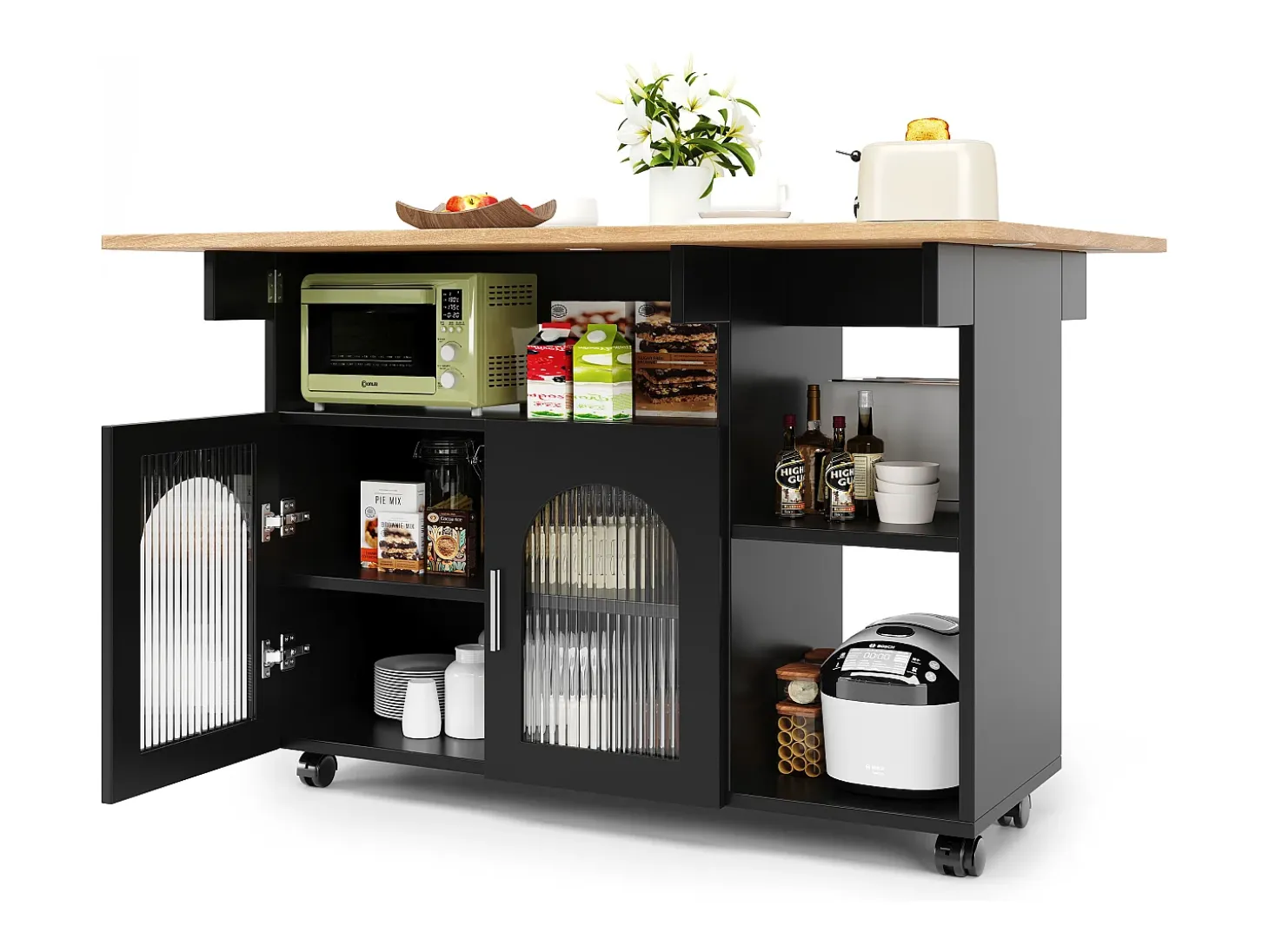 Isla de cocina con 2 puertas de cristal y ruedas - Chapa de madera veteada - Negro