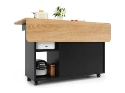 Isla de cocina con 2 puertas de cristal y ruedas - Chapa de madera veteada - Negro
