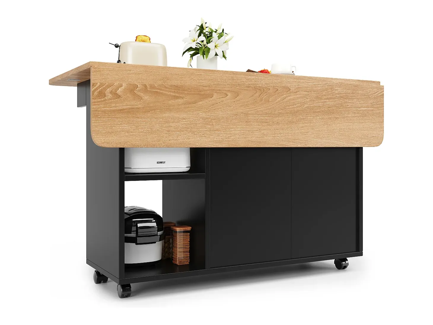 Isla de cocina con 2 puertas de cristal y ruedas - Chapa de madera veteada - Negro