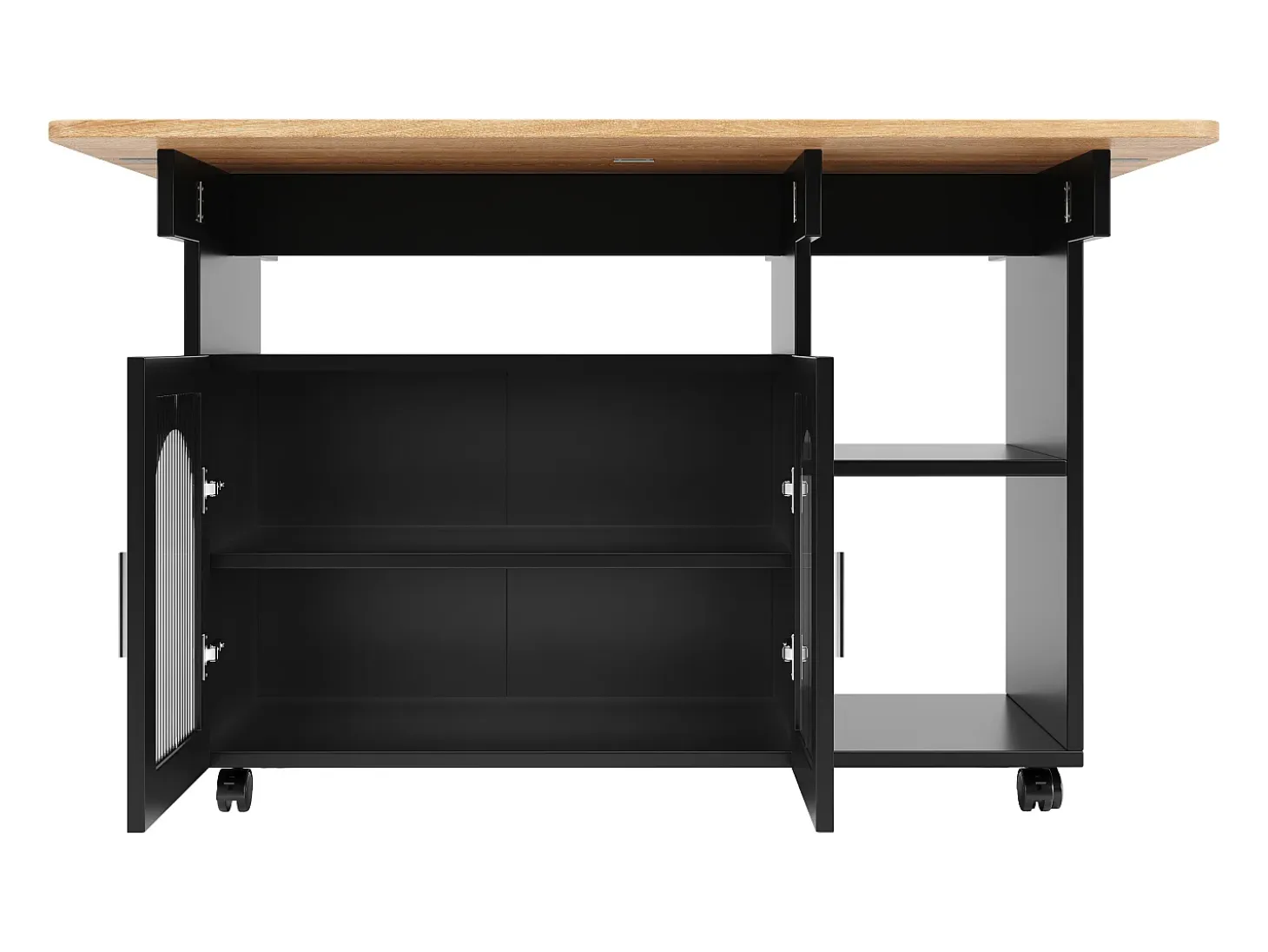 Isla de cocina con 2 puertas de cristal y ruedas - Chapa de madera veteada - Negro