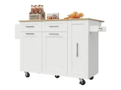 Isla de cocina con 3 puertas y 2 cajones - Encimera imitación madera - Madera MDF - Blanco y natural claro