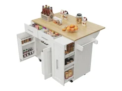 Isla de cocina con 3 puertas y 2 cajones - Encimera imitación madera - Madera MDF - Blanco y natural claro