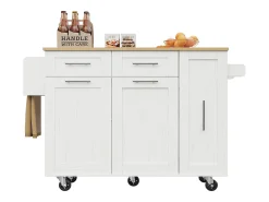 Isla de cocina con 3 puertas y 2 cajones - Encimera imitación madera - Madera MDF - Blanco y natural claro
