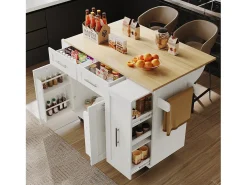 Isla de cocina con 3 puertas y 2 cajones - Encimera imitación madera - Madera MDF - Blanco y natural claro