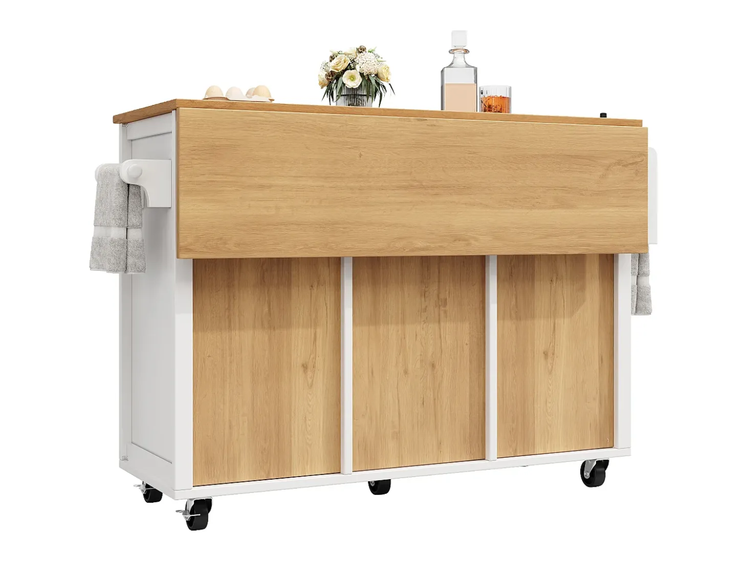 Isla de cocina con almacenaje, mesa plegable, MDF y metal, blanco y negro (137,9x73x92,5 cm)