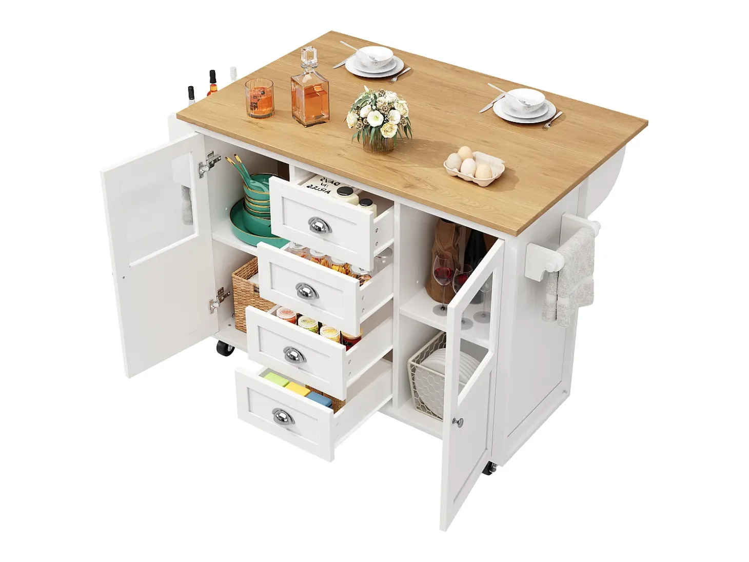 Isla de cocina con almacenaje, mesa plegable, MDF y metal, blanco y negro (137,9x73x92,5 cm)