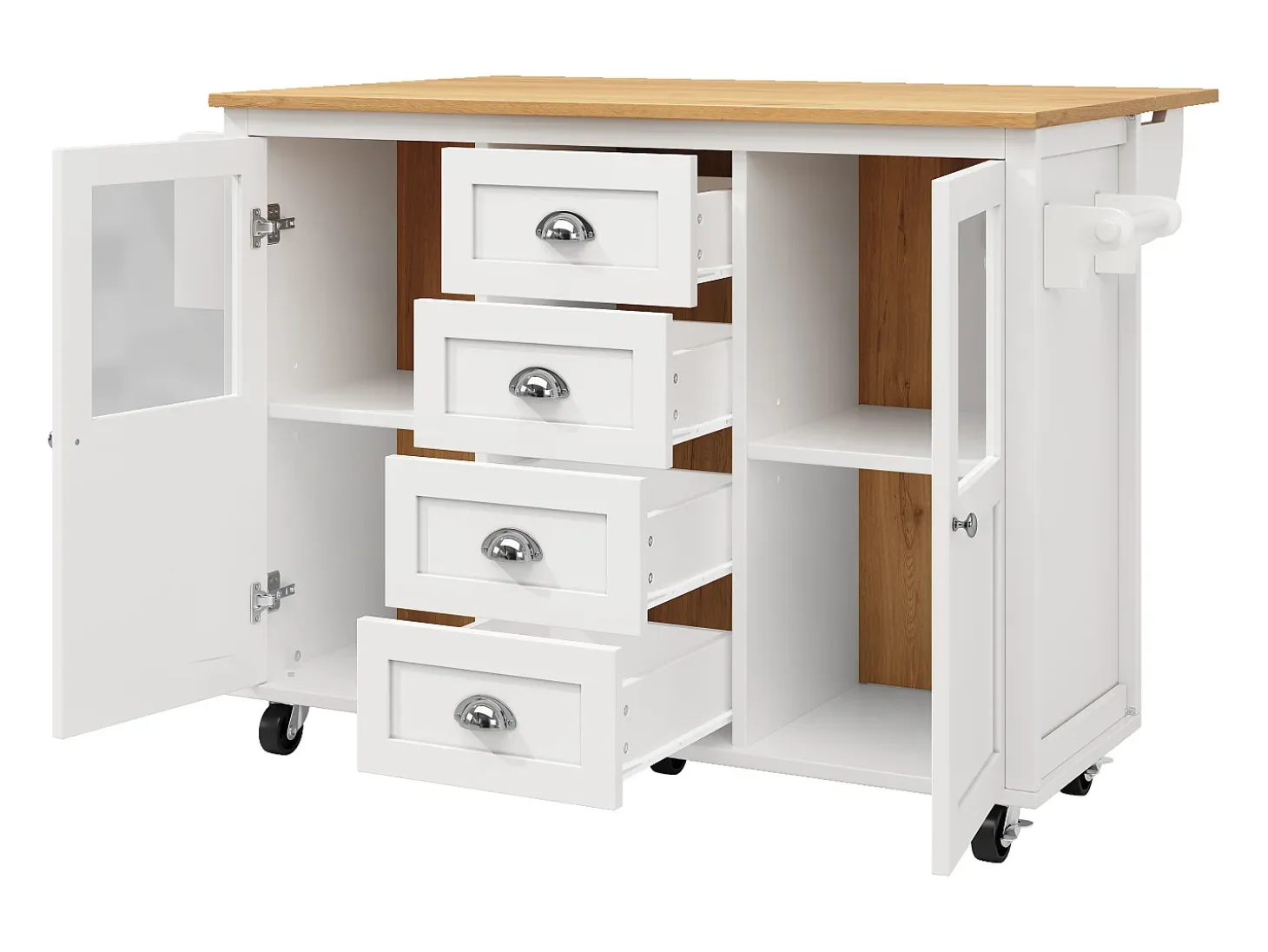 Isla de cocina con almacenaje, mesa plegable, MDF y metal, blanco y negro (137,9x73x92,5 cm)