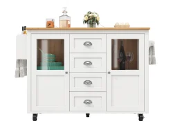 Isla de cocina con almacenaje, mesa plegable, MDF y metal, blanco y negro (137,9x73x92,5 cm)