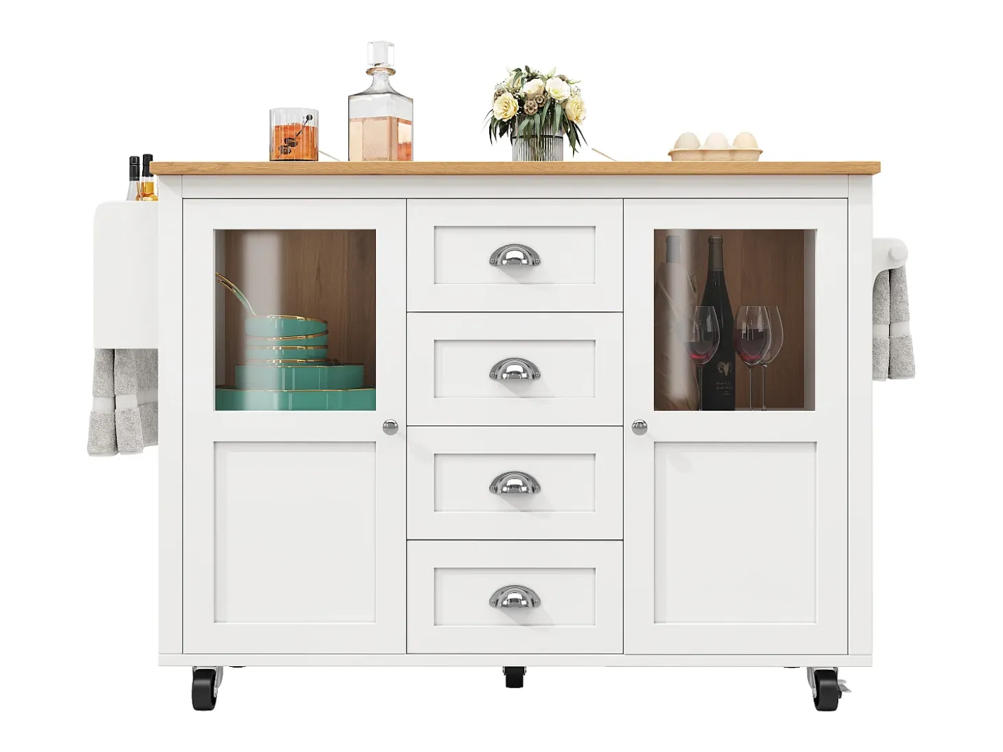 Isla de cocina con almacenaje, mesa plegable, MDF y metal, blanco y negro (137,9x73x92,5 cm)