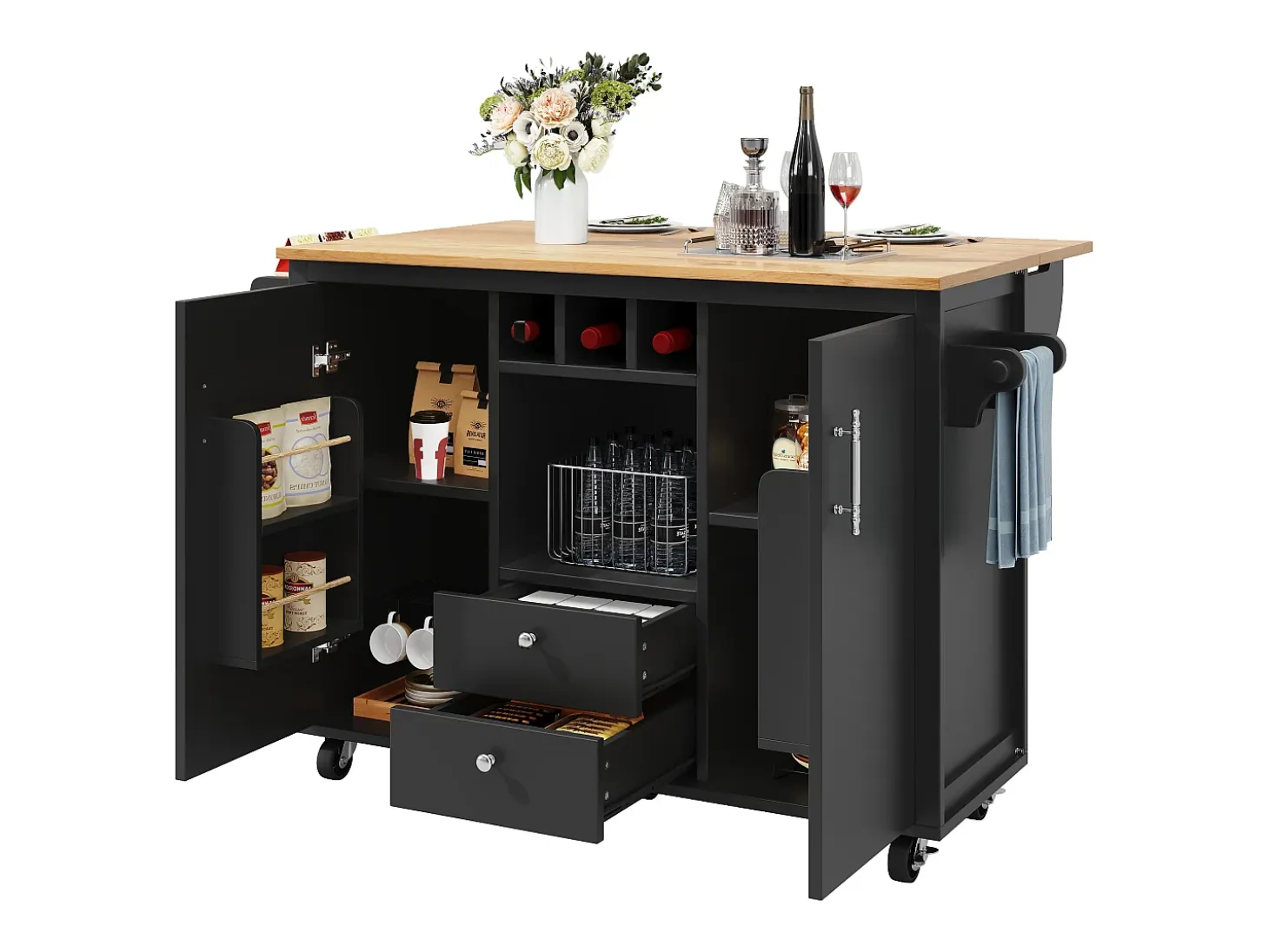 Isla de cocina con almacenaje, mesa plegable, MDF y metal, blanco y negro (137,9x73x92,5 cm)