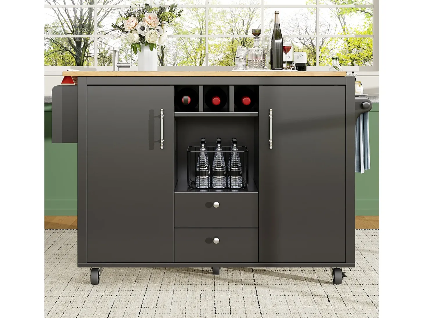 Isla de cocina con almacenaje, mesa plegable, MDF y metal, blanco y negro (137,9x73x92,5 cm)