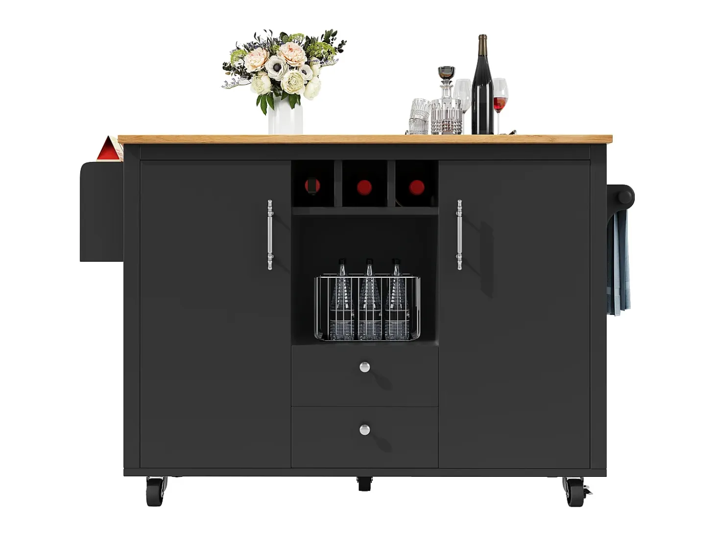 Isla de cocina con almacenaje, mesa plegable, MDF y metal, blanco y negro (137,9x73x92,5 cm)
