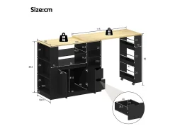 Isla de cocina con encimera extensible, 2 cajones y 2 puertas - Negro y madera