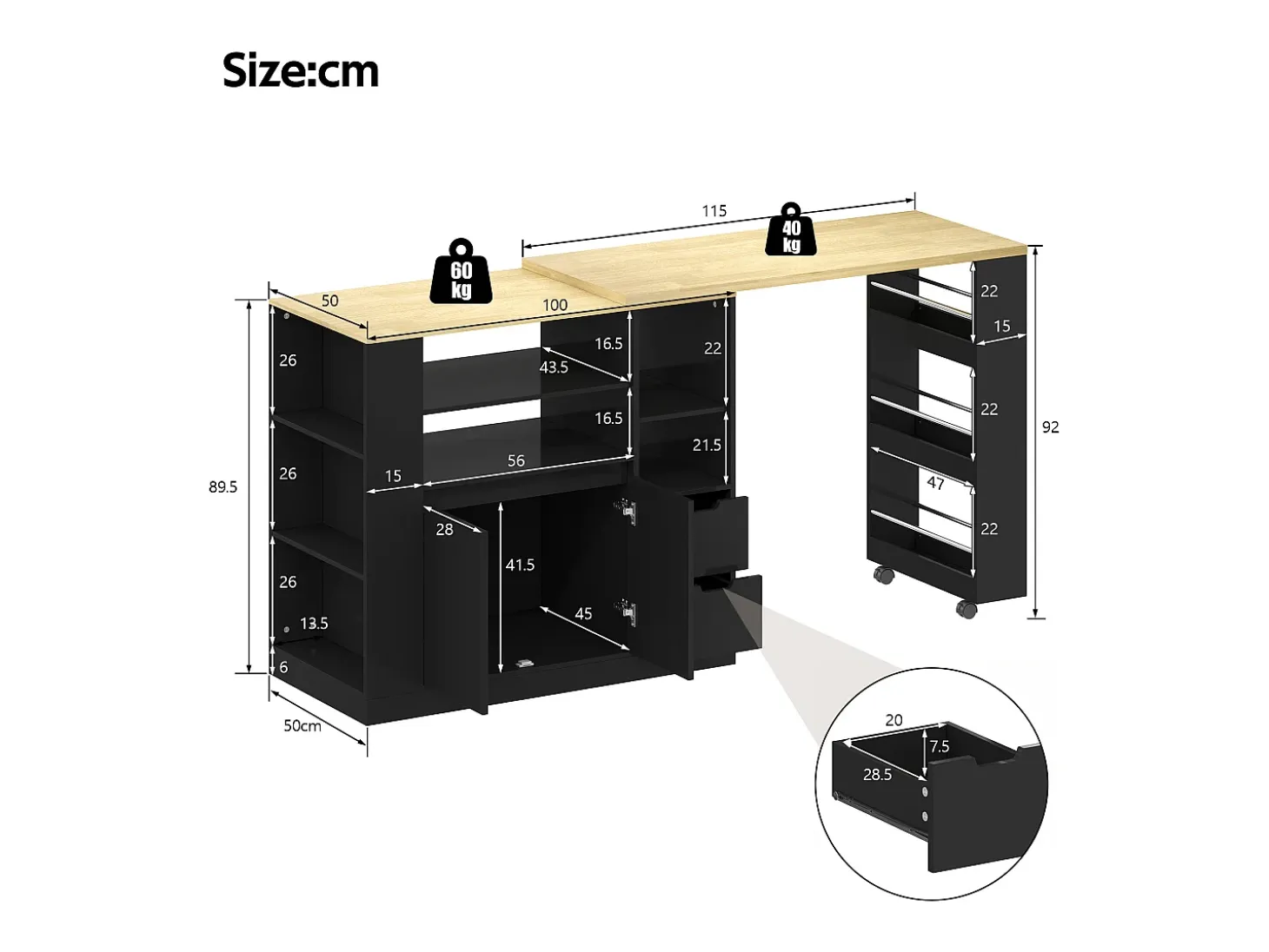 Isla de cocina con encimera extensible, 2 cajones y 2 puertas - Negro y madera