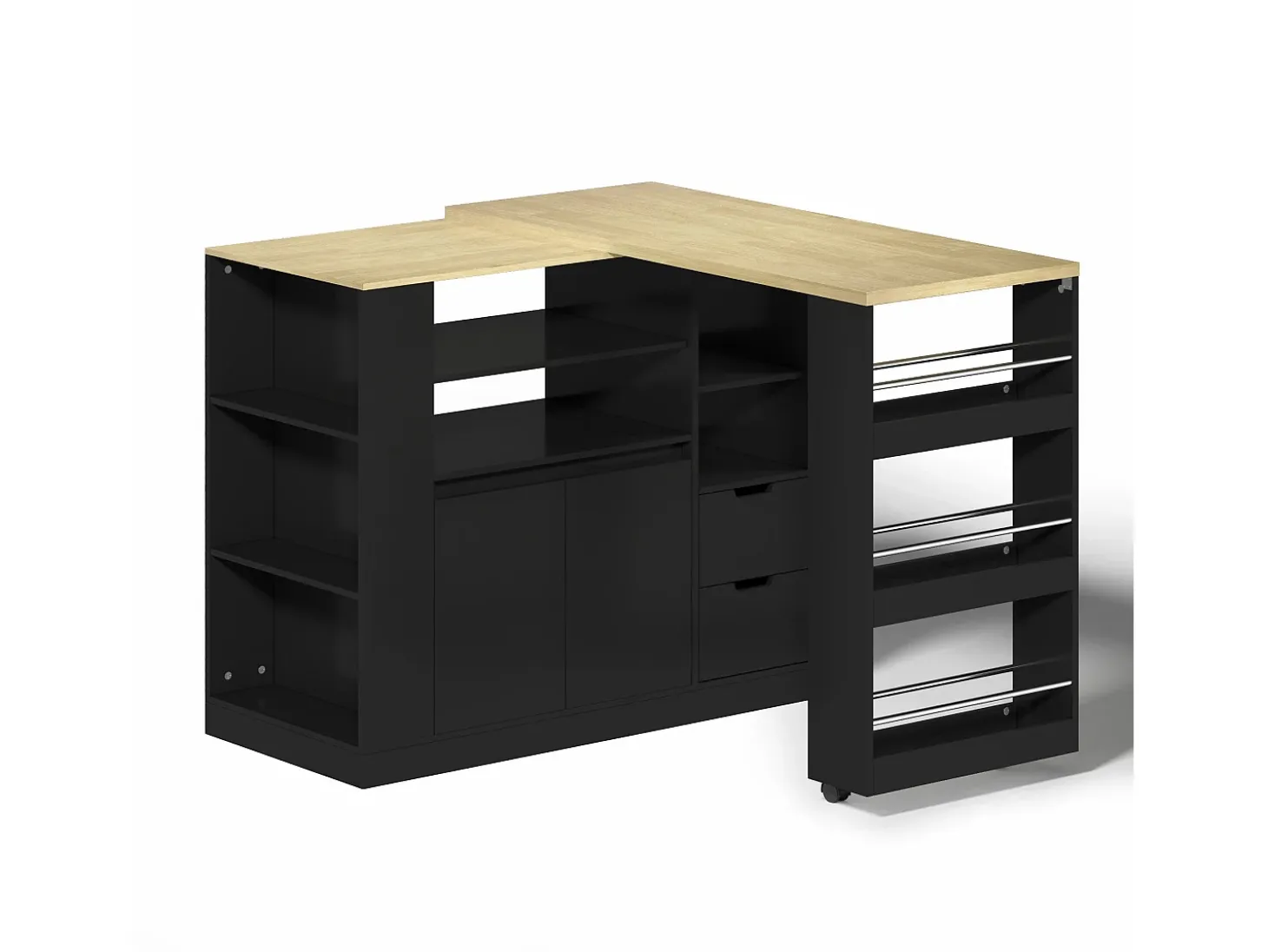 Isla de cocina con encimera extensible, 2 cajones y 2 puertas - Negro y madera