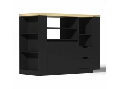 Isla de cocina con encimera extensible, 2 cajones y 2 puertas - Negro y madera