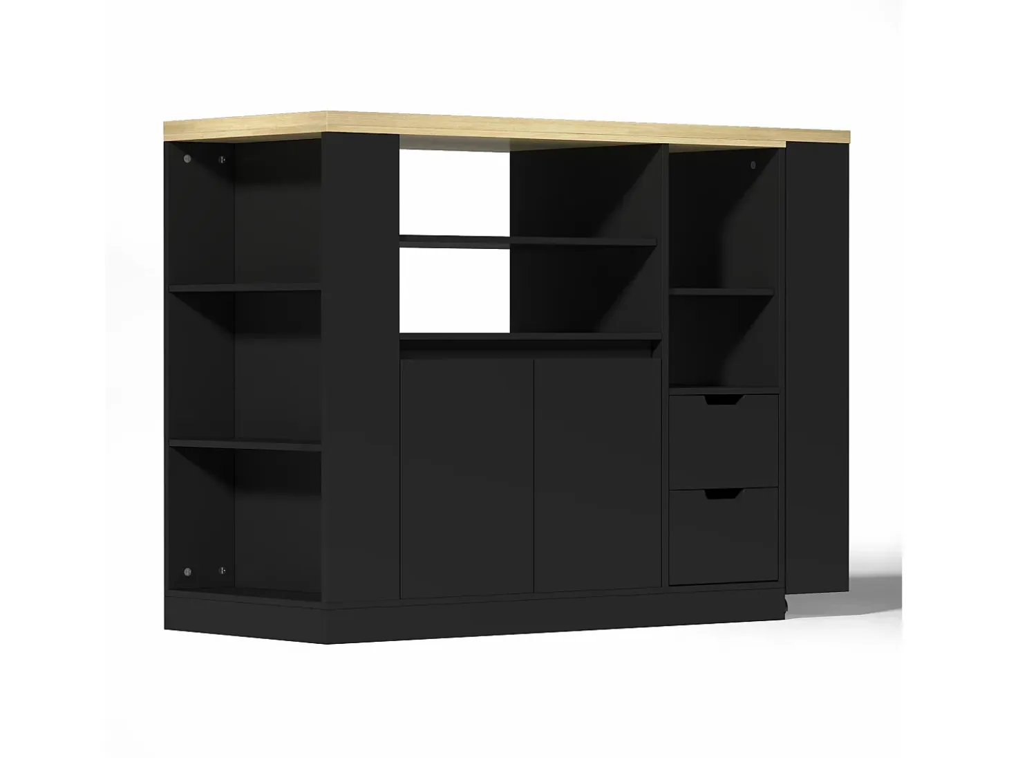 Isla de cocina con encimera extensible, 2 cajones y 2 puertas - Negro y madera