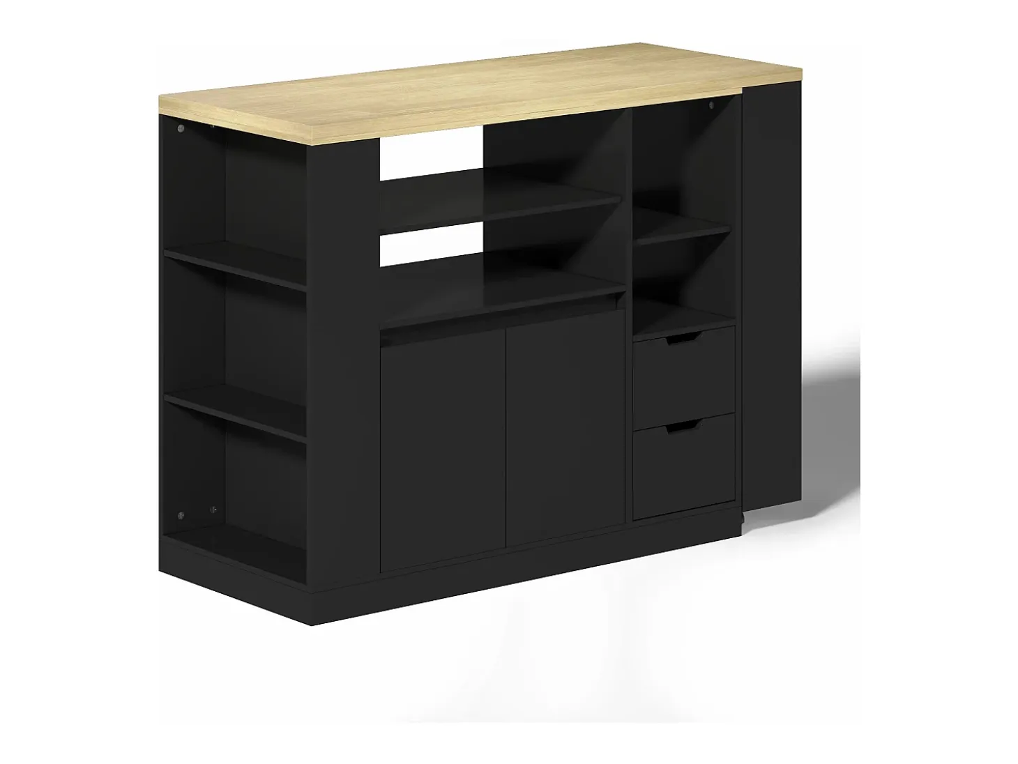 Isla de cocina con encimera extensible, 2 cajones y 2 puertas - Negro y madera