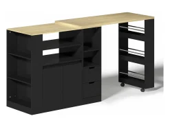 Isla de cocina con encimera extensible, 2 cajones y 2 puertas - Negro y madera