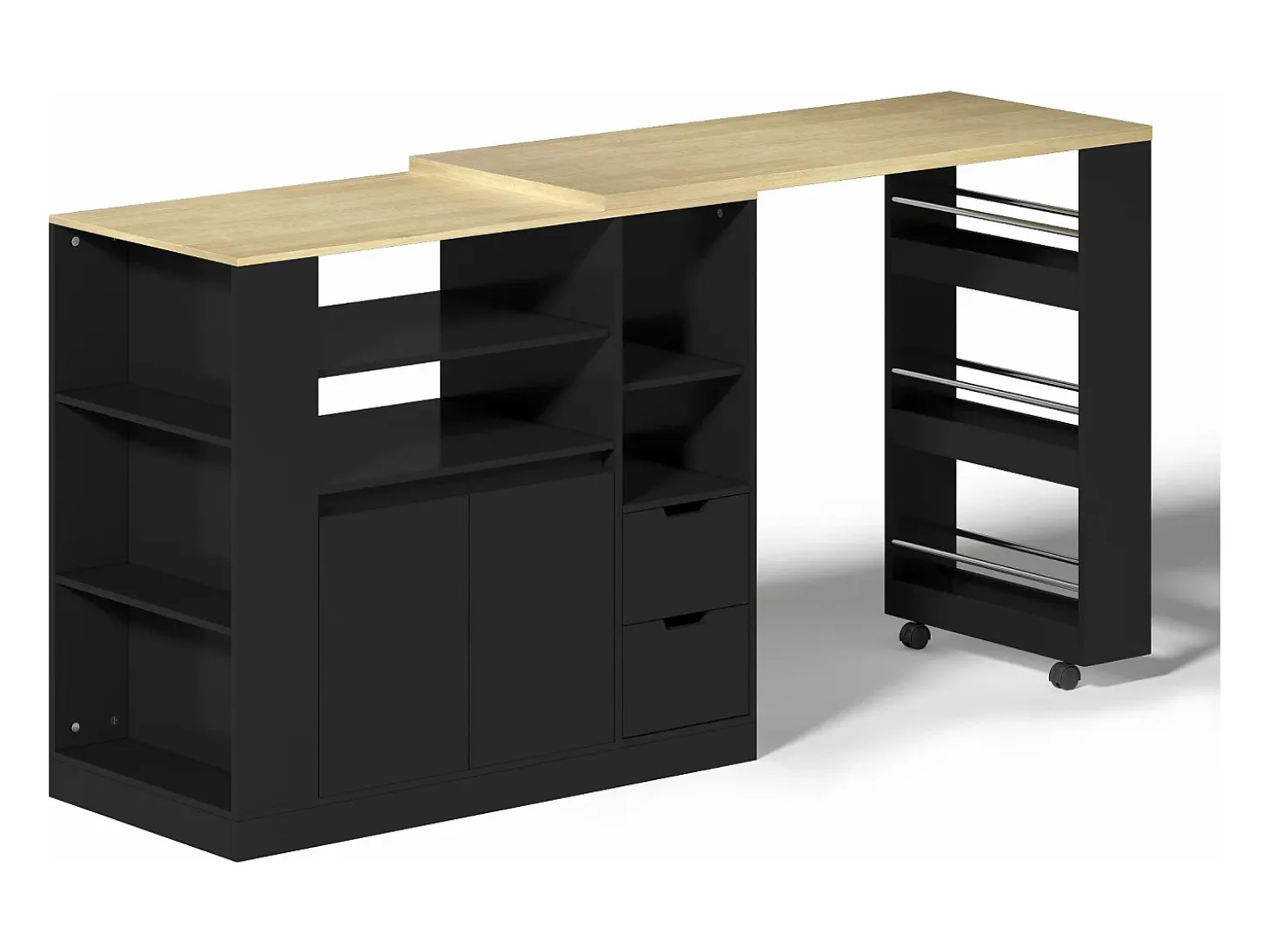 Isla de cocina con encimera extensible, 2 cajones y 2 puertas - Negro y madera