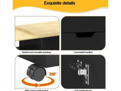 Isla de cocina con encimera extensible, 2 cajones y 2 puertas - Negro y madera
