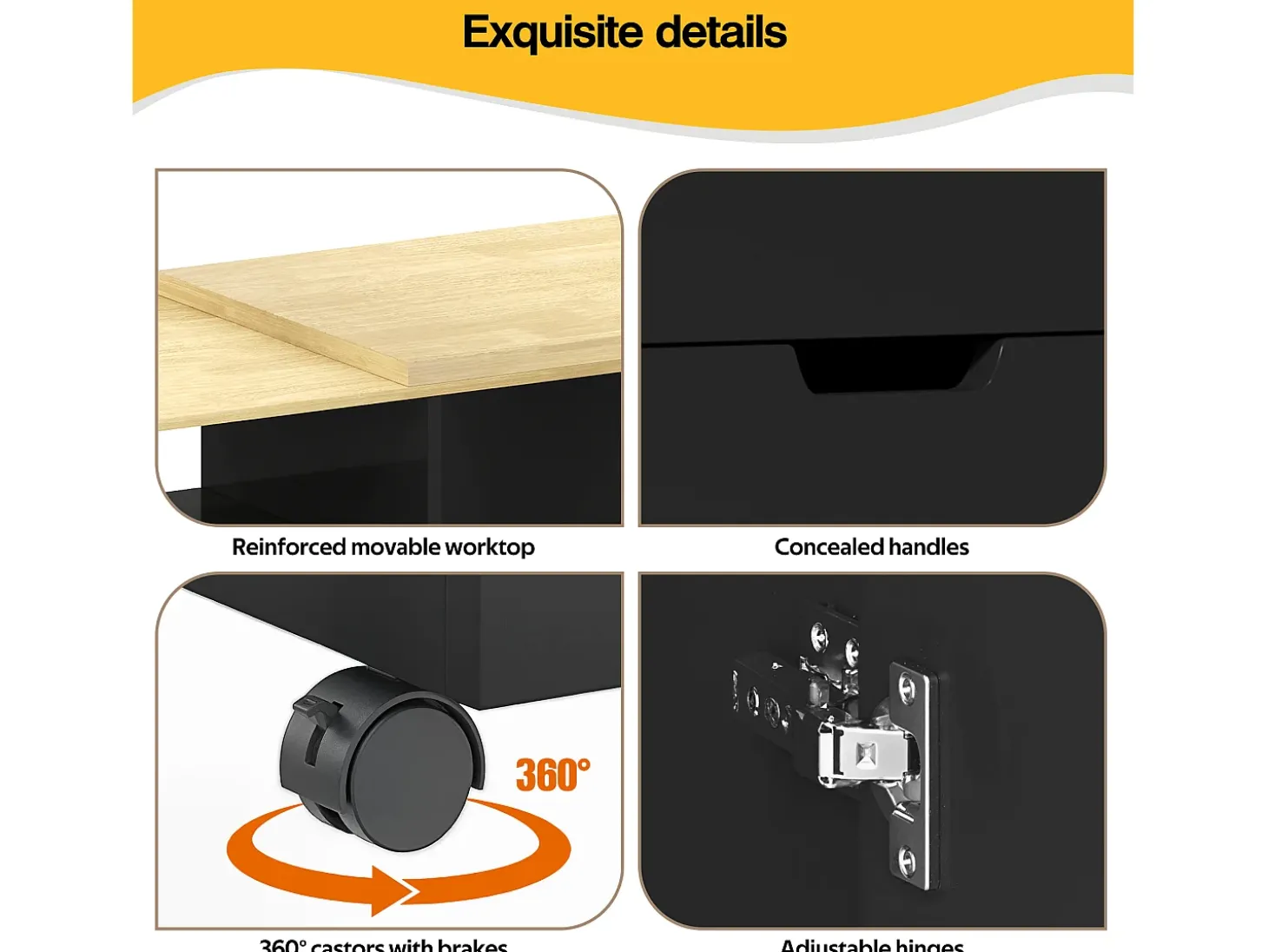 Isla de cocina con encimera extensible, 2 cajones y 2 puertas - Negro y madera