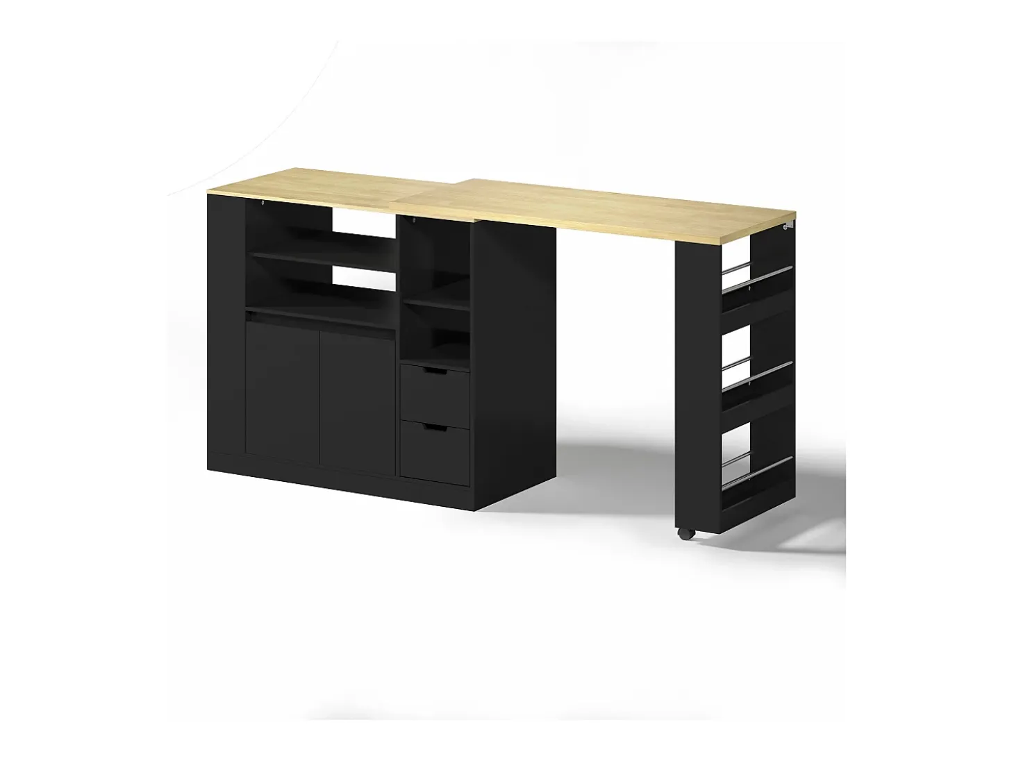 Isla de cocina con encimera extensible, 2 cajones y 2 puertas - Negro y madera