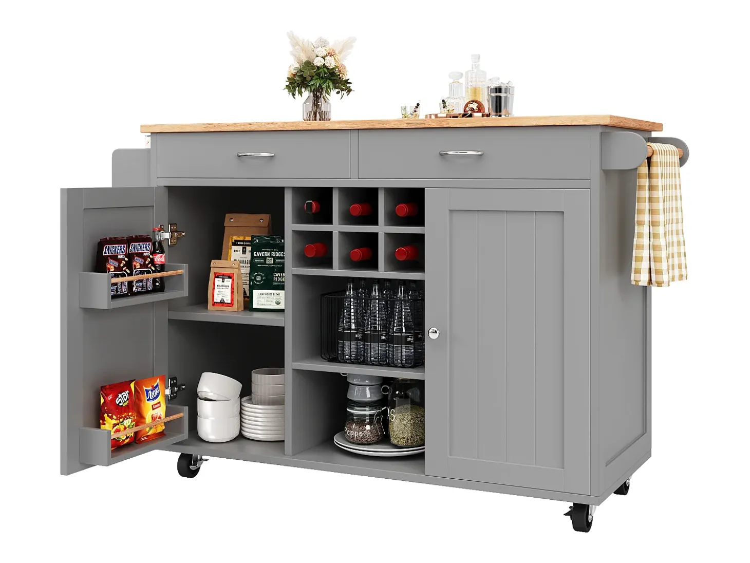 Isla de cocina con encimera, almacenaje flexible y toallero lateral, madera natural, color negro (102x45x92 cm)