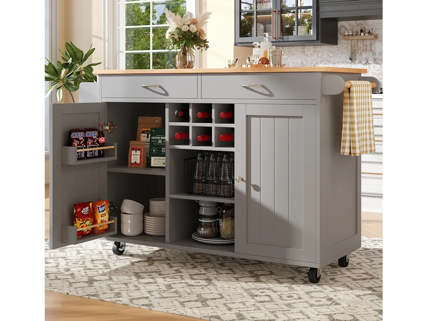 Isla de cocina con encimera, almacenaje flexible y toallero lateral, madera natural, color negro (102x45x92 cm)