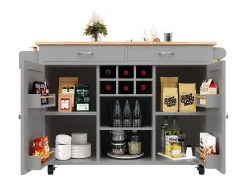 Isla de cocina con encimera, almacenaje flexible y toallero lateral, madera natural, color negro (102x45x92 cm)