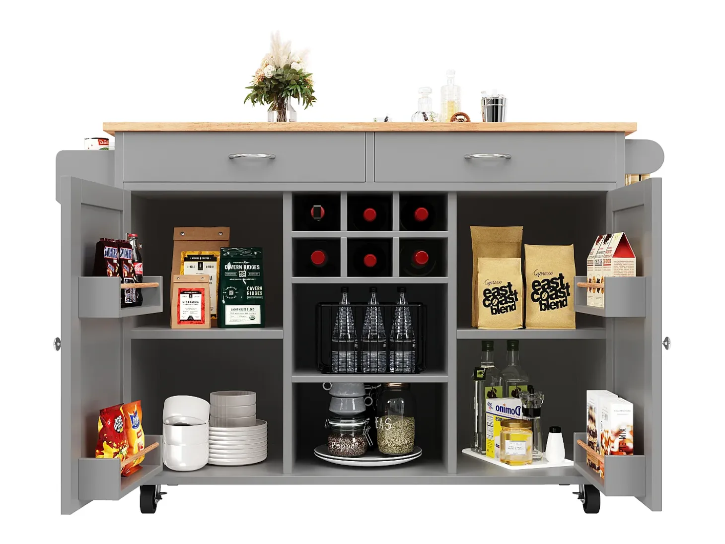 Isla de cocina con encimera, almacenaje flexible y toallero lateral, madera natural, color negro (102x45x92 cm)