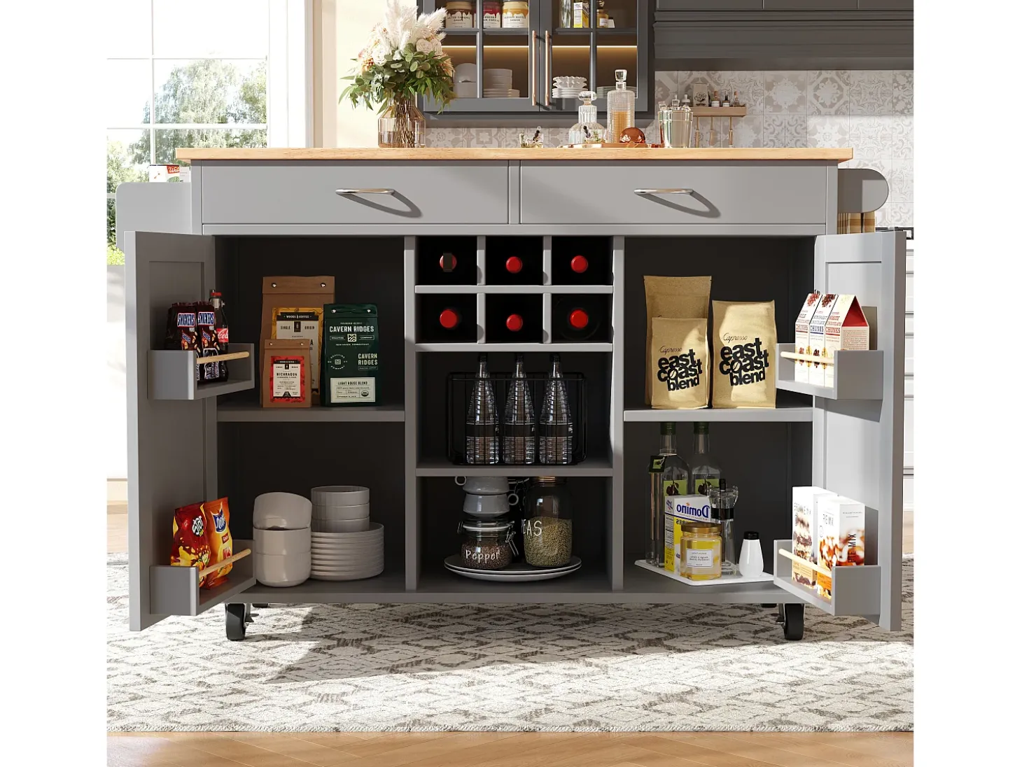 Isla de cocina con encimera, almacenaje flexible y toallero lateral, madera natural, color negro (102x45x92 cm)