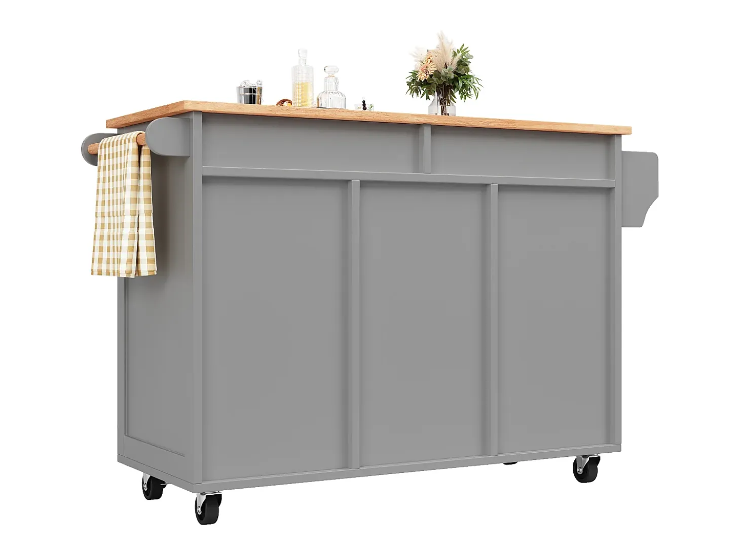 Isla de cocina con encimera, almacenaje flexible y toallero lateral, madera natural, color negro (102x45x92 cm)