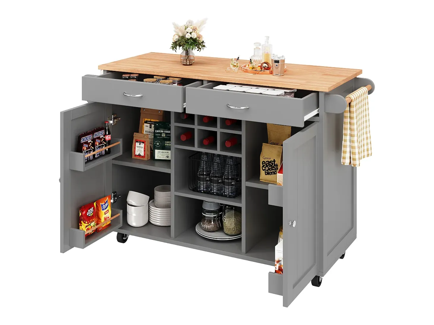 Isla de cocina con encimera, almacenaje flexible y toallero lateral, madera natural, color negro (102x45x92 cm)