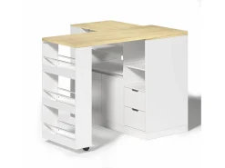 Isla de cocina con encimera extensible, 2 cajones y 2 puertas - Blanco y madera