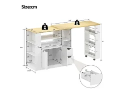 Isla de cocina con encimera extensible, 2 cajones y 2 puertas - Blanco y madera