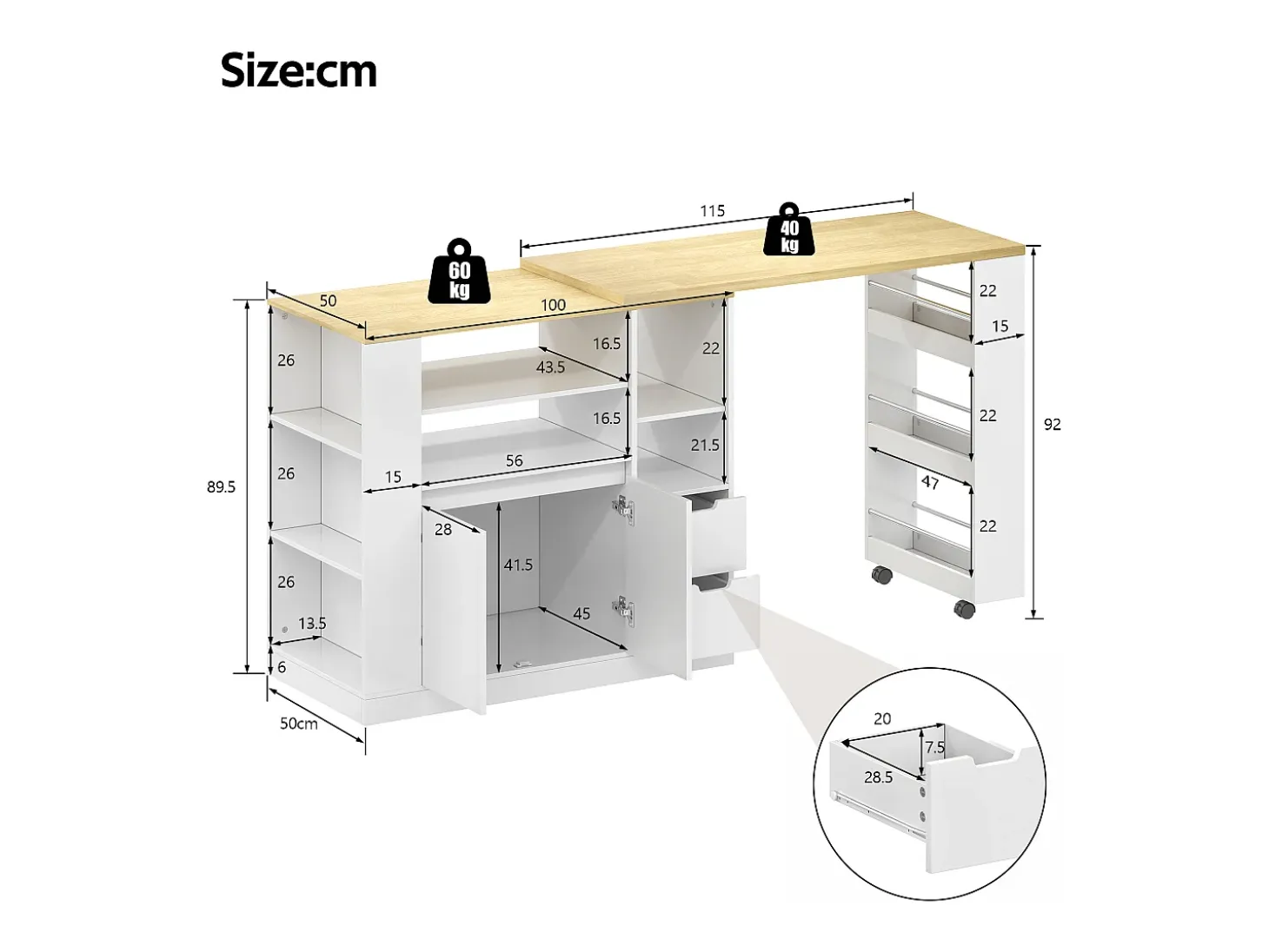 Isla de cocina con encimera extensible, 2 cajones y 2 puertas - Blanco y madera
